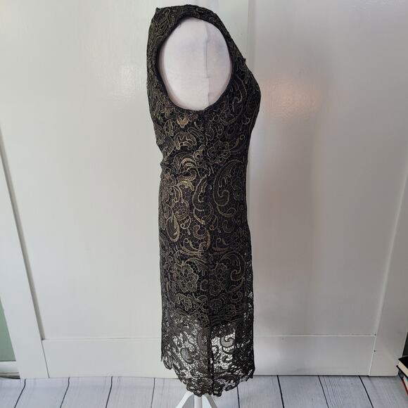Sans Souci Size M Gold Overlay Sheath Sleeveless Cocktail Dress Holiday Glam - Picture 4 of 10